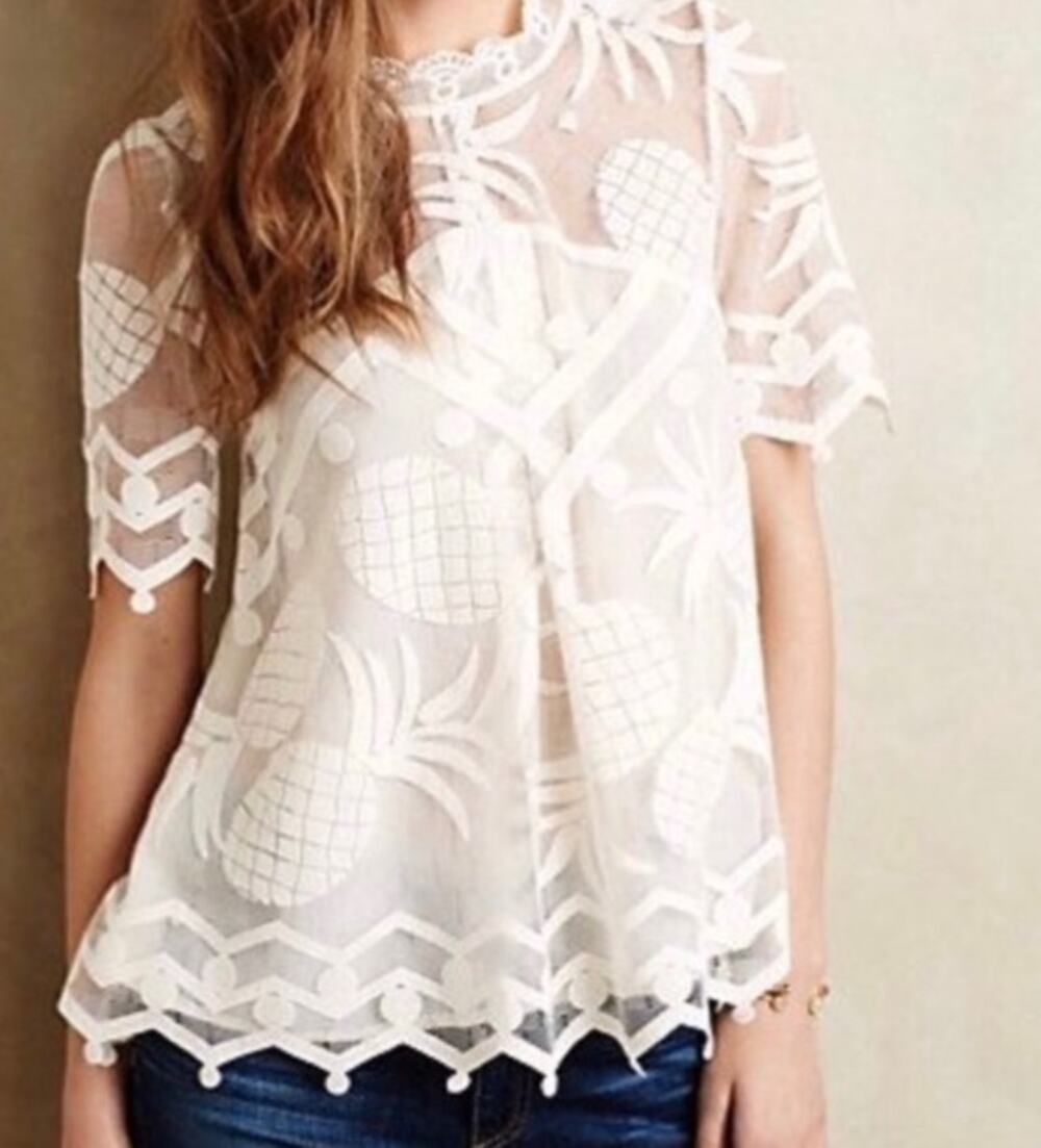 HD in Paris Pina Pineapple Lace Blouse Ivory White Short Sleeve Women's 2